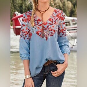 Sundance Embroidered Blue Floral Women's Top